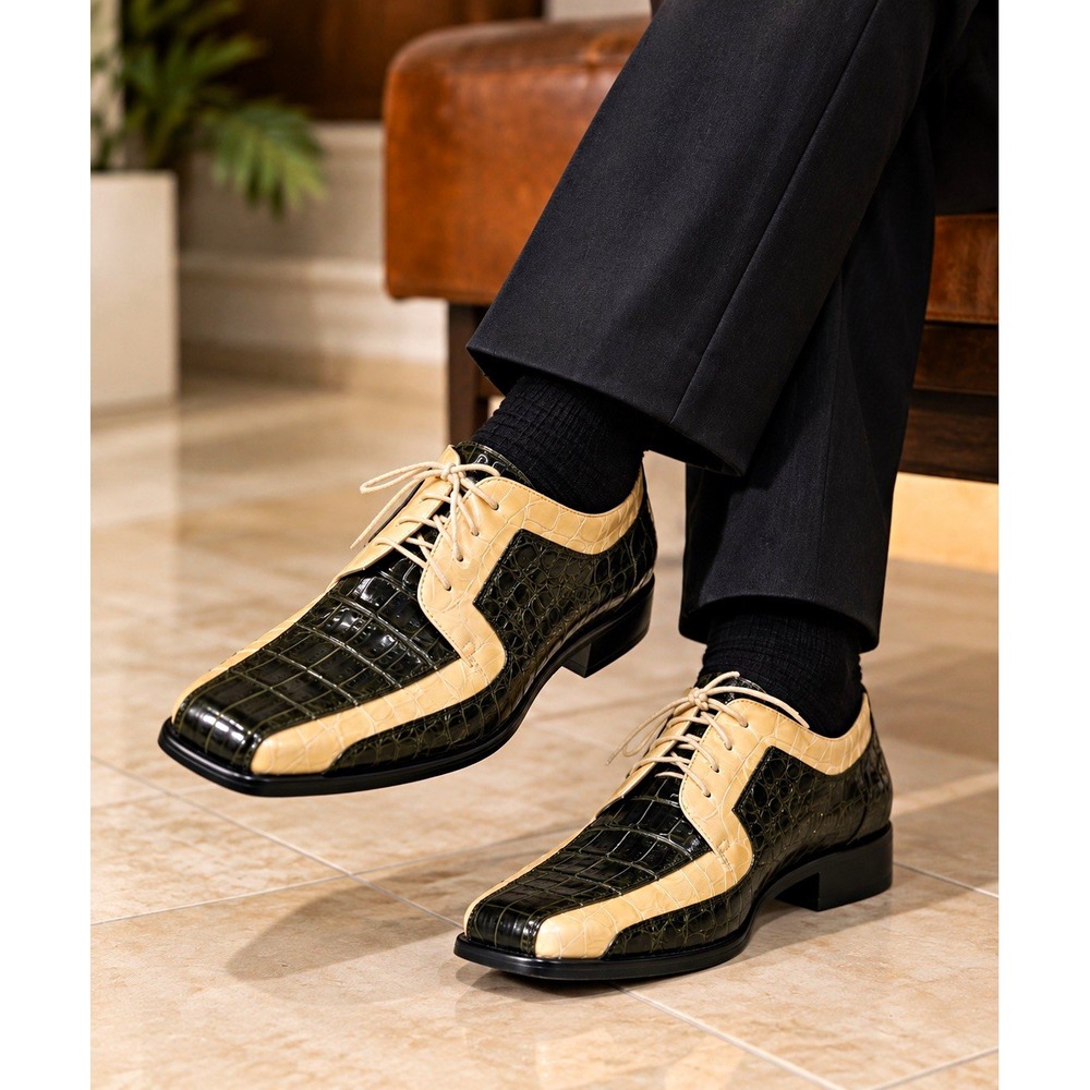 Sevasta Italiano Men's Black/Beige Faux Leather Croc Lace-Up Oxfords 12